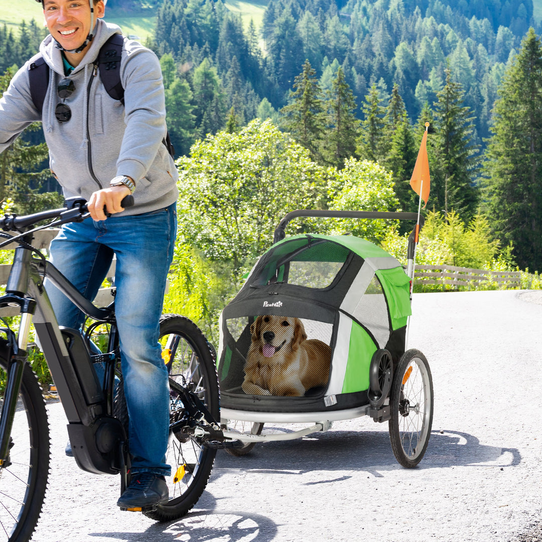 PawHut Dog Bike Trailer 2-in-1 Pet Stroller for Large Dogs Cart Foldable Bicycle Carrier Aluminium Frame with Safety Leash Hitch Coupler Flag Green