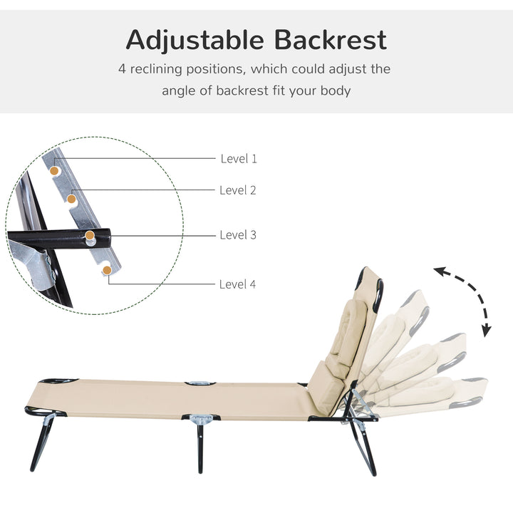 Sun Lounger Foldable Reclining Chair with Pillow and Reading Hole Garden Beach Outdoor Recliner Adjustable Beige