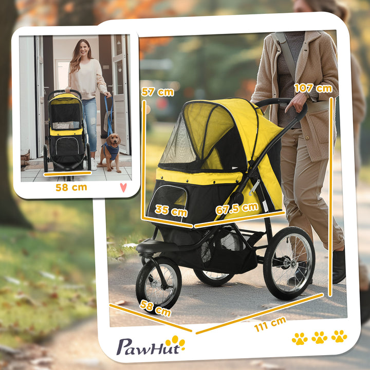 Pet Stroller Jogger for Medium, Small Dogs, Foldable Cat Pram Dog Pushchair w/ Adjustable Canopy, 3 Big Wheels - Yellow