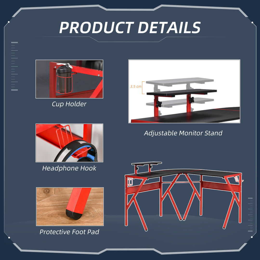 Gaming Desk L-Shaped Corner Computer Table for Home Office PC Workstations with Adjustable Monitor Stand , Red