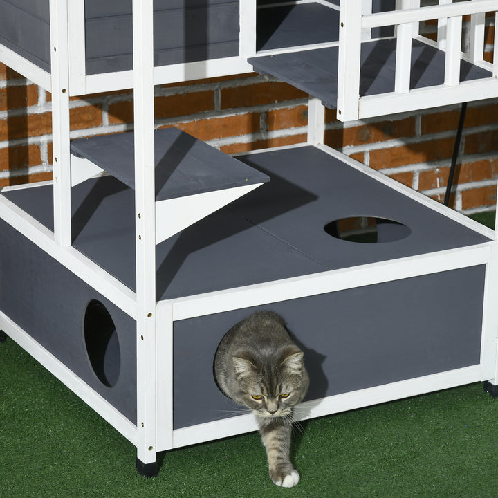 PawHut Cats Fir Wood 3-Tier Waterproof Play House Grey