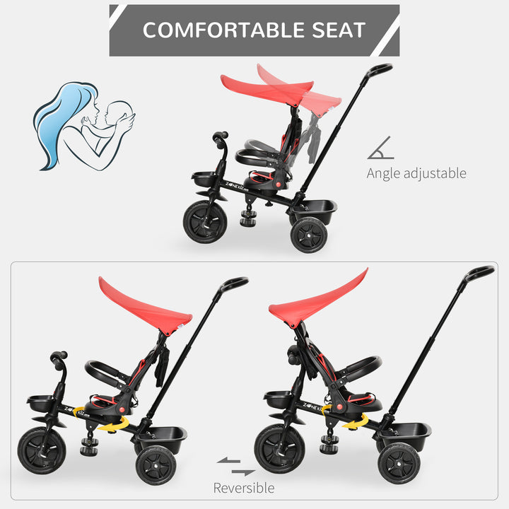 4 in 1 Baby Tricycle Toddler Stroller Foldable Pedal Tricycle w/ Reversible Angle Adjustable Seat Removable Handle Canopy Handrail Belt-Red