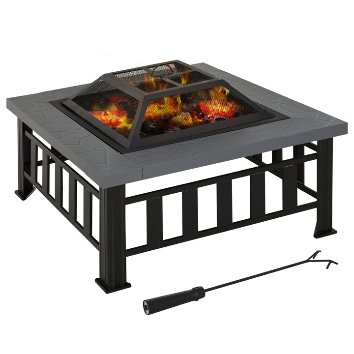 Metal Large Firepit Outdoor Square Fire Pit Brazier w/ Rain Cover, Lid, Log Grate for Backyard, Camping, BBQ, Bonfire, 86 x 86 x 54cm, Black