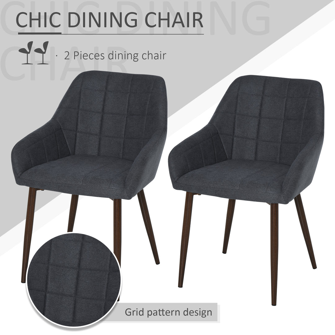 2 Pieces Linen-Touch Fabric Dining Chair with Grid Pattern Cushion and Backrest, Mid Back Leisure Chair with Steel Leg, Sponge Padded Armchair for Dining Room