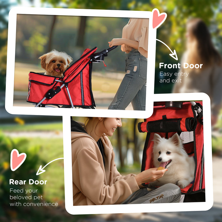 PawHut Pet Stroller Dog Pram Foldable Dog Pushchair Cat Travel Carriage w/ Wheels, Zipper Entry, for Small Pets, Red