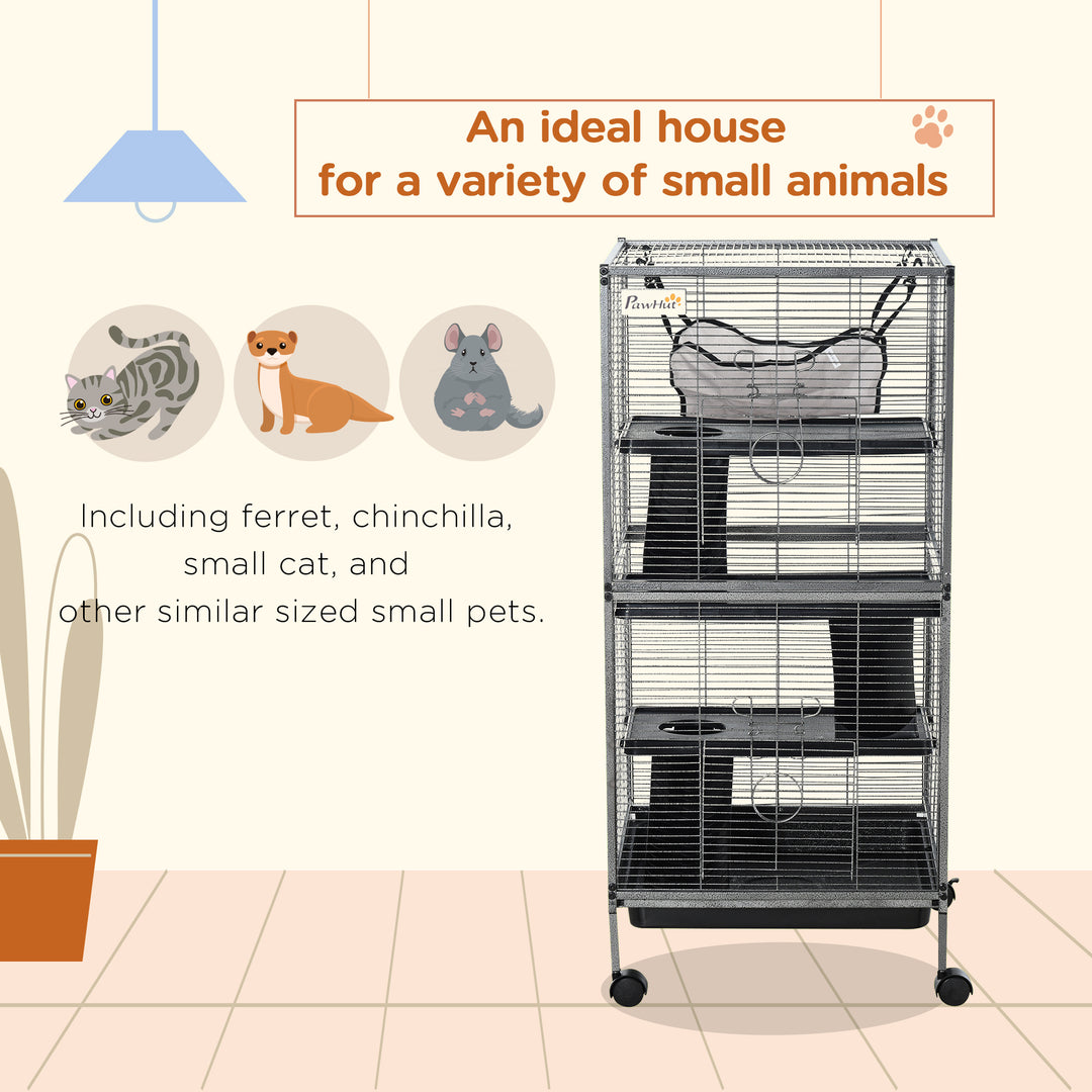 Small Animal Cage with Wheels Pet Home for Chinchillas, Ferrets, Kittens , Hammock, 4 Platforms and Removable Tray