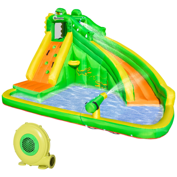 Outsunny 5 in 1 Kids Bouncy Castle Large Crocodile Style Inflatable House Slide Basket Water Pool Climbing Wall for Kids Age 3-8, 3.85 x 2.85 x 2.25m