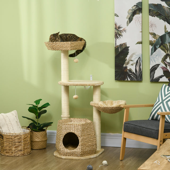 Cat Tree Tower for Indoor Cats, Climbing Activity Centre, Kitten Furniture with Cattail Fluff Bed House, Sisal Scratching Post, Hanging Ball, 50 x 50 x 119cm, Natural