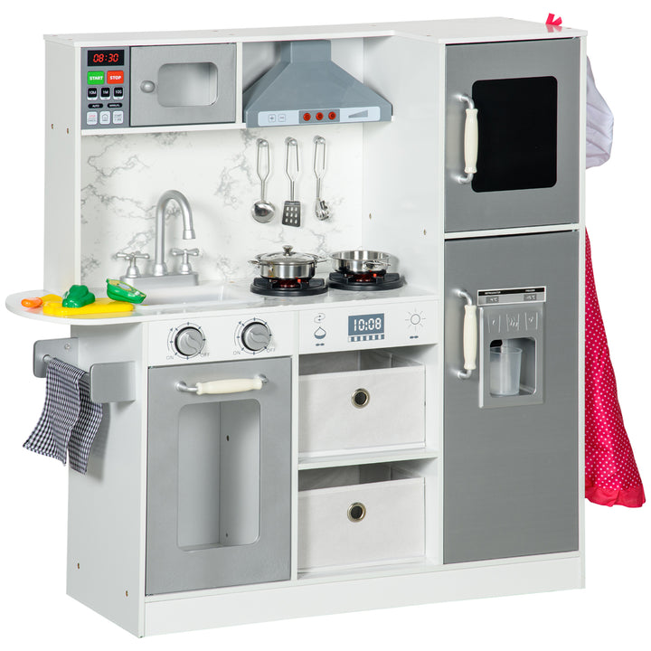 Toy Kitchen with Lights Sounds, Apron and Chef Hat, Ice Maker, Microwave, for 3-6 Years Old - White