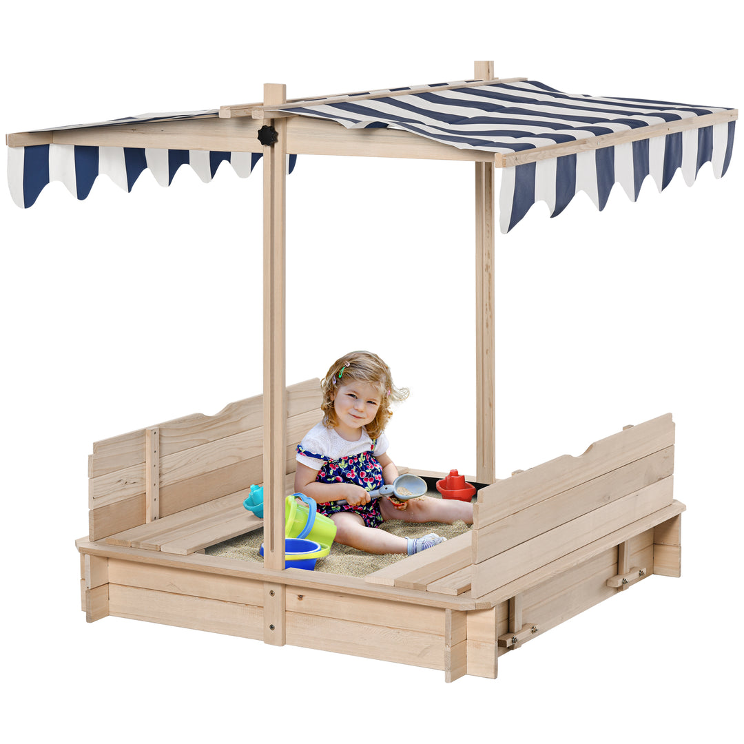 Children Cabana Sandbox Kids Square Wooden Sandpit Outdoor Backyard Playset Play Station Adjustable Canopy, 106x106x121cm