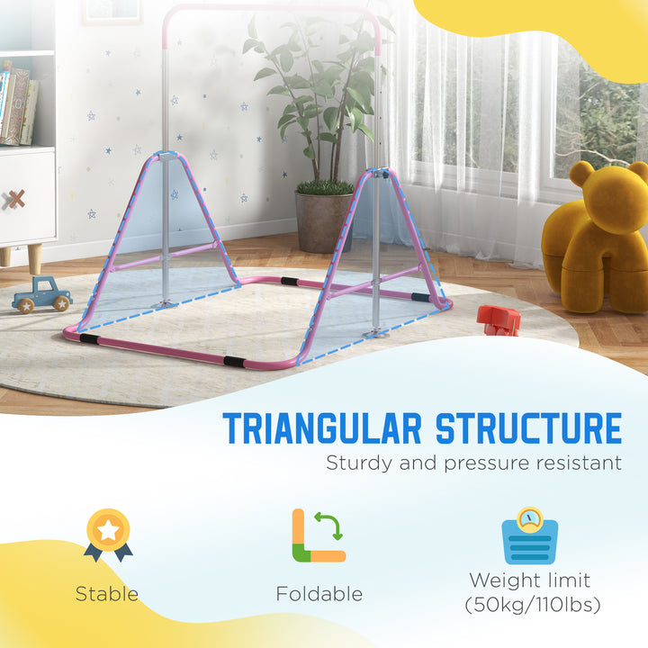 Gymnastics Bar for Kids, Folding Horizontal Bars with Adjustable Height, Training Bar with Triangle Base, Pink