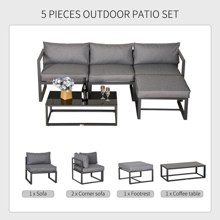 5 Pieces Outdoor Patio Furniture Set, Sofa Couch with Glass Coffee Table, Cushioned Chairs and Metal Frame, for Balcony Garden Backyard, Grey