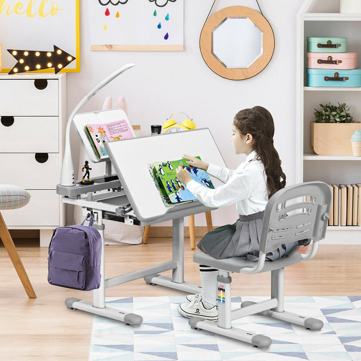 Height Adjustable Kids Study Desk Table Chair Set with Lamp-Grey