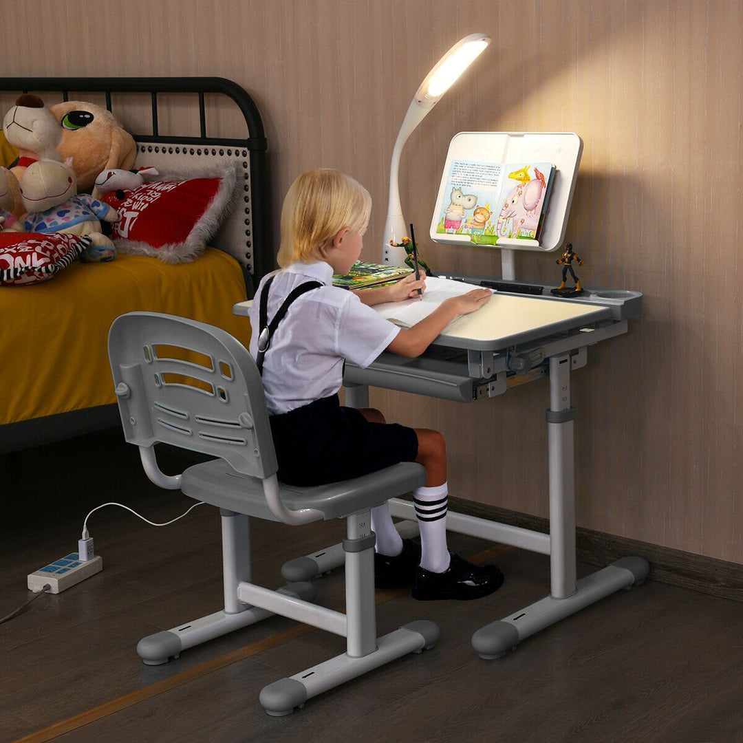 Height Adjustable Kids Study Desk Table Chair Set with Lamp-Grey