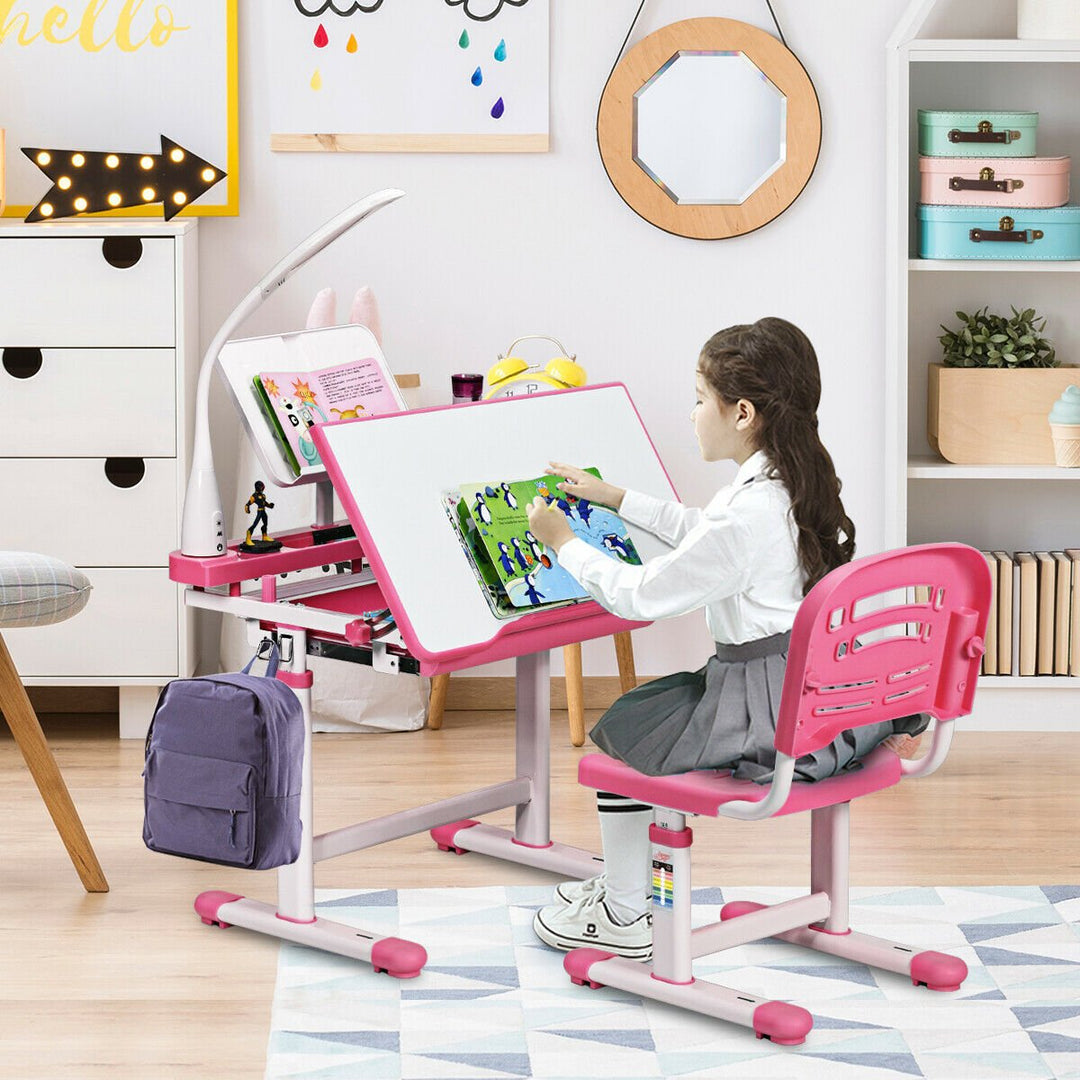 Height Adjustable Kids Study Desk Table Chair Set with Lamp-Pink