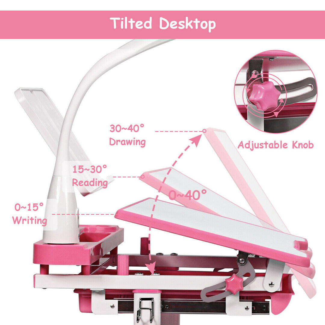 Height Adjustable Kids Study Desk Table Chair Set with Lamp-Pink