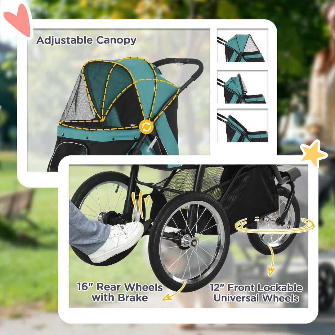 Pet Stroller Jogger for Medium, Small Dogs, Foldable Cat Pram Dog Pushchair w/ Adjustable Canopy, 3 Big Wheels - Dark Green