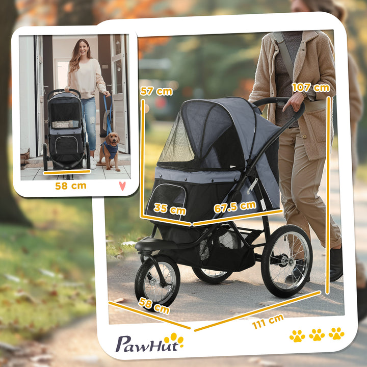 Pet Stroller Jogger for Medium Small Dogs, Foldable Cat Pram Dog Pushchair with Adjustable Canopy, 3 Big Wheels, Grey