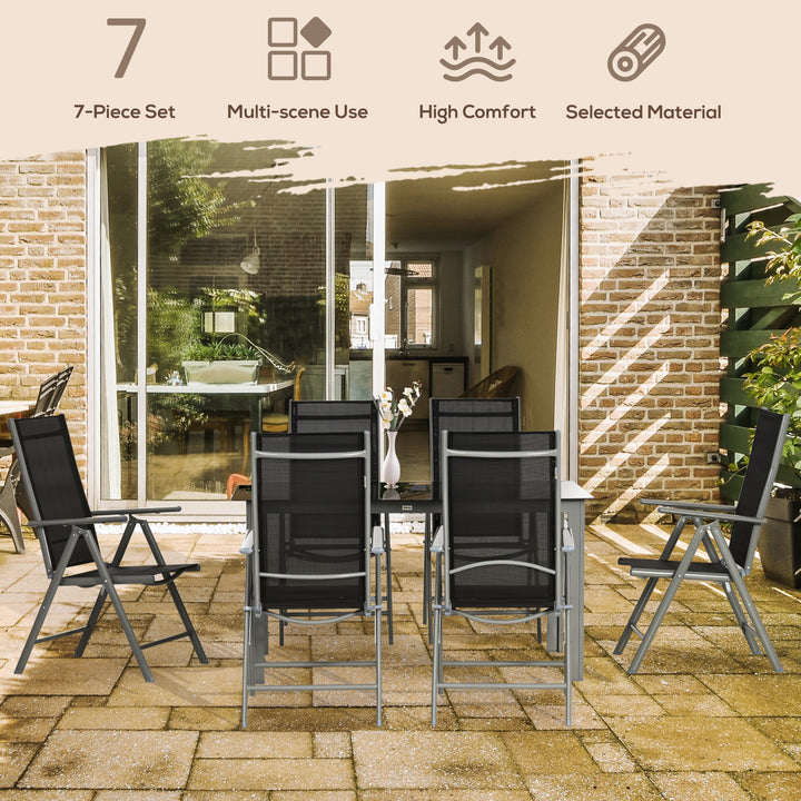 7 Piece Garden Dining Set, Outdoor Table and 6 Folding and Reclining Chairs, Aluminium Frame, Tempered Glass Top Table Texteline Seats Black