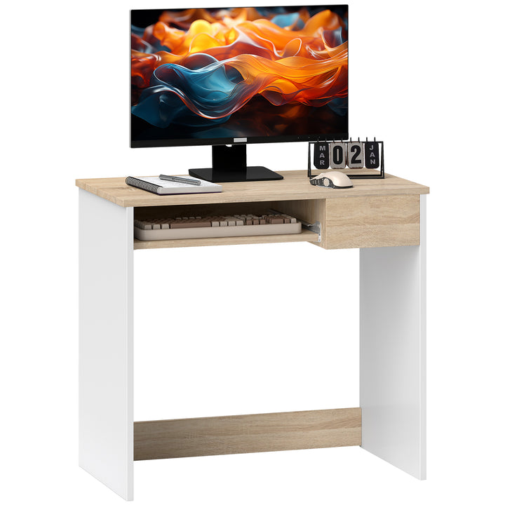 Compact Small Computer PC Table with Keyboard Tray Drawer Study Office Working Gaming Writing Desk, Oak Colour