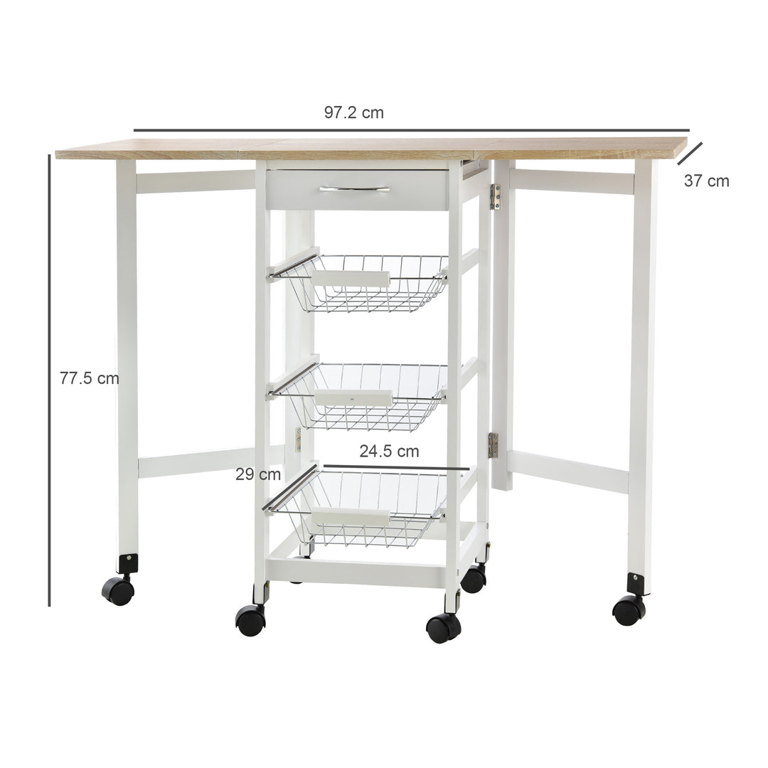 Drop-Leaf Kitchen Trolley w/ 3 Baskets Drawer Surface Top 6 Wheels Rolling Storage Unit Kitchen Home Dining Cart White Oak Tone