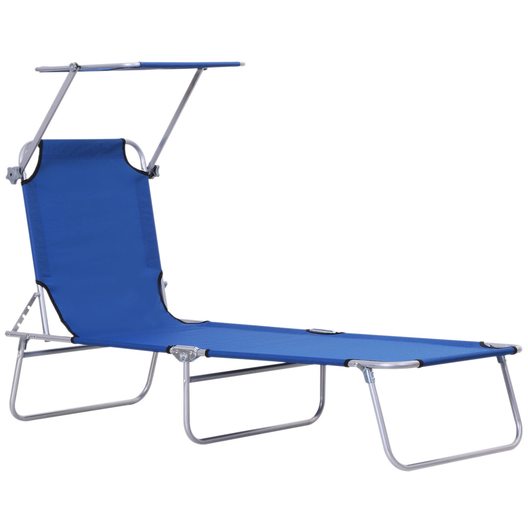 Outsunny Reclining Chair Folding Lounger Seat Sun Lounger with Sun Shade Awning Beach Garden Outdoor Patio Recliner Adjustable, Blue