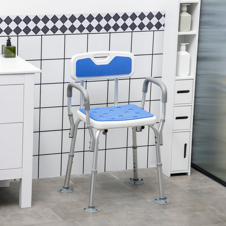 EVA Padded Shower Chair for the Elderly and Disabled, Height Adjustable Shower Stool with Back and Arms, 4 Suction Foot Pads, Blue