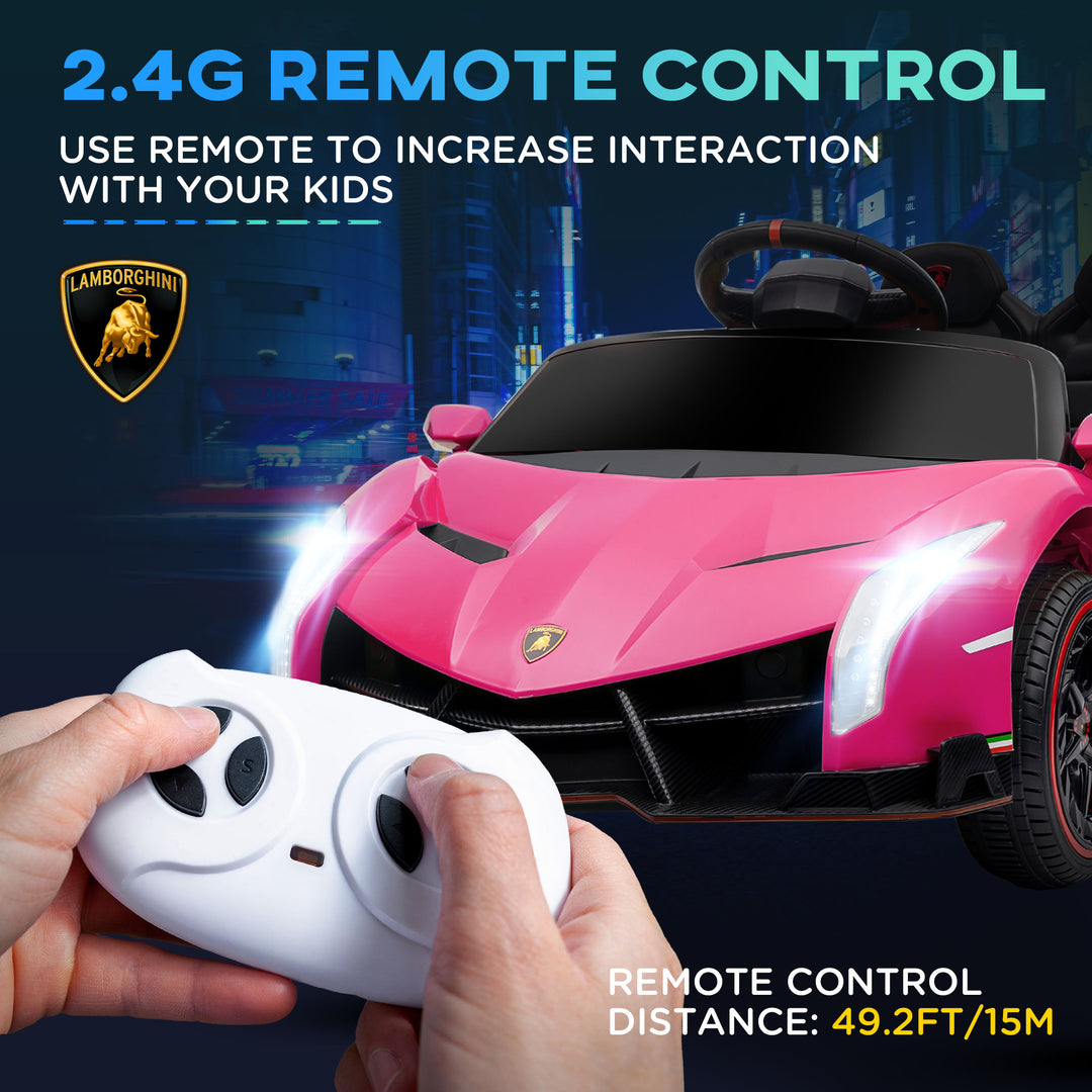 Lamborghini Veneno Licensed 12V Kids Electric Ride on Car with Butterfly Doors, Portable Battery, Powered Electric Car with Bluetooth, Remote, Music, Horn, Suspension, for 3-6 Years - Pink