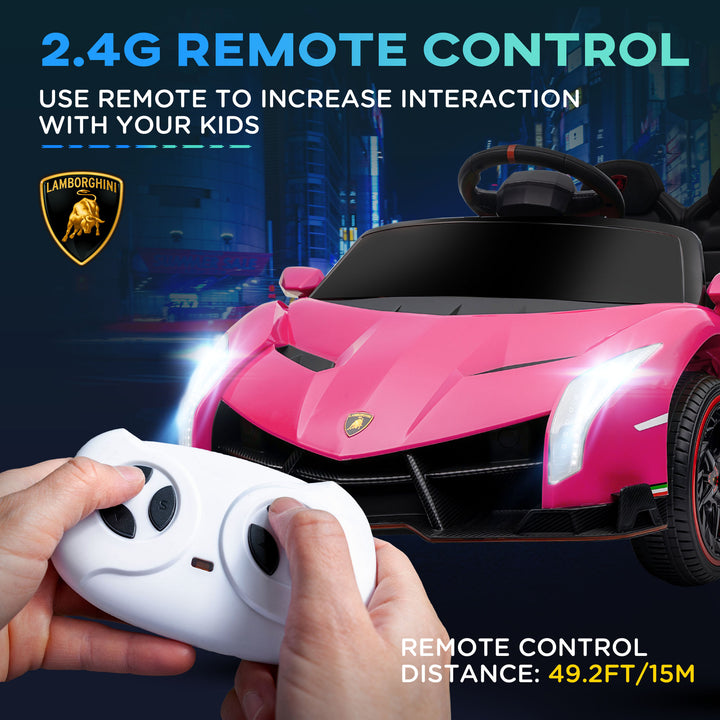 Lamborghini Veneno Licensed 12V Kids Electric Ride on Car with Butterfly Doors, Portable Battery, Powered Electric Car with Bluetooth, Remote, Music, Horn, Suspension, for 3-6 Years - Pink