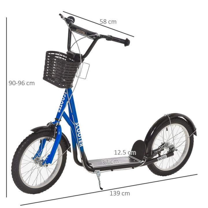 Kids Kick Scooter Teen Ride On Children Scooter with Adjustable Handlebar 2 Brakes Basket Cupholder Mudguard 16" Inflatable Rubber Tyres Blue