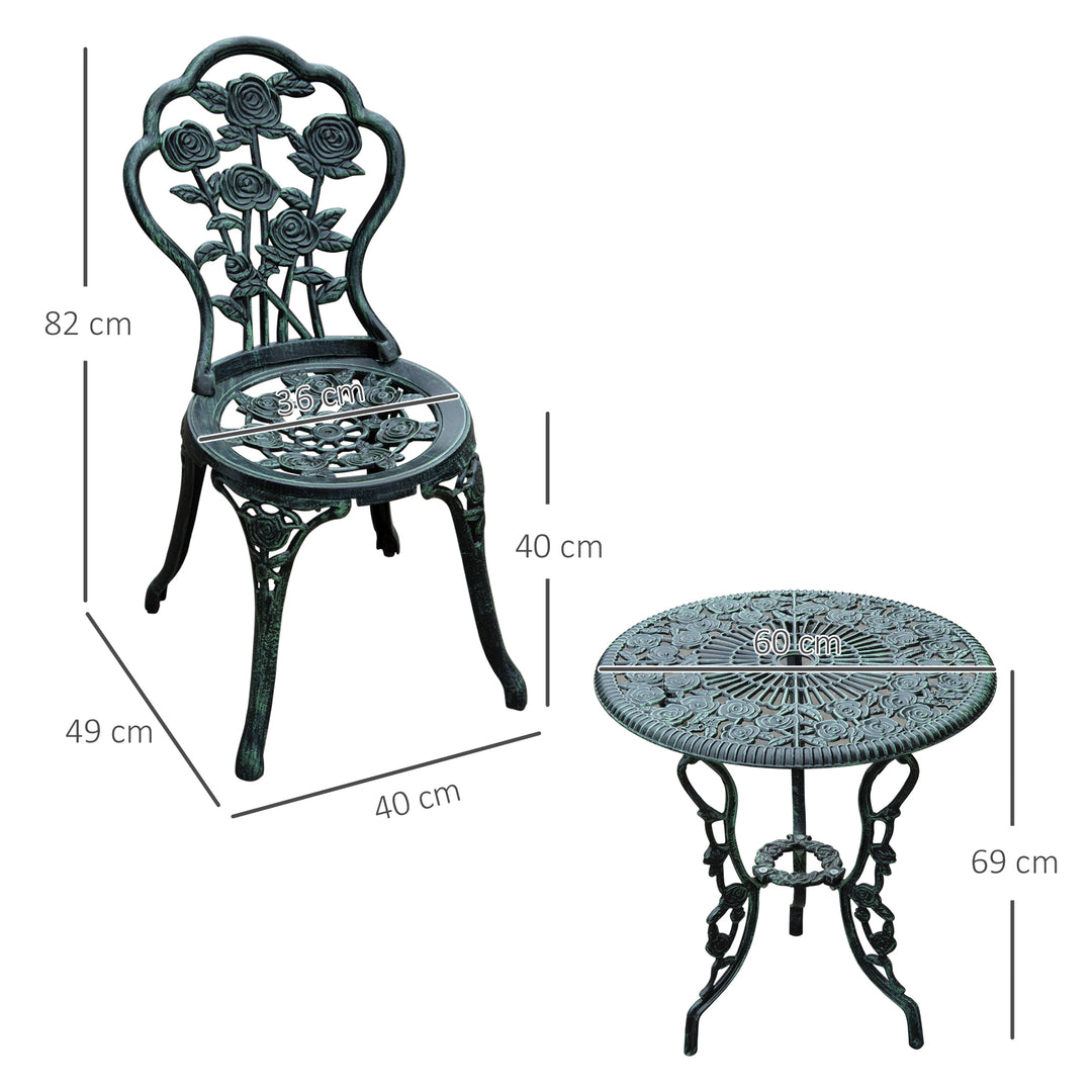 Outsunny Cast Aluminium Outdoor Patio Garden Bistro Elegant Design Table Chair Set - Green (3-Piece)