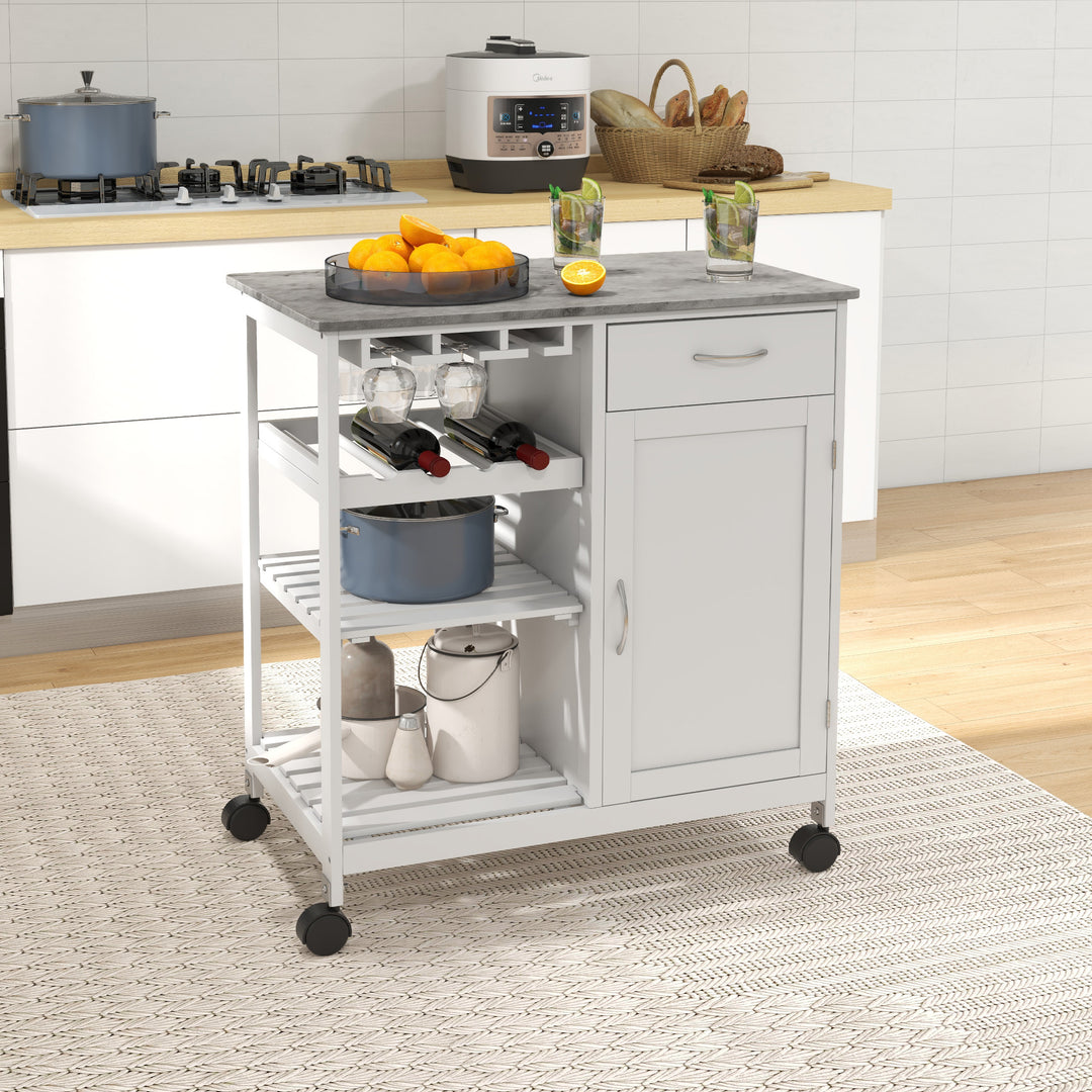 Compact Kitchen Trolley Utility Cart on Wheels with Wine Rack, Drawer, Open Shelf and Storage Cabinet for Dining Room, White