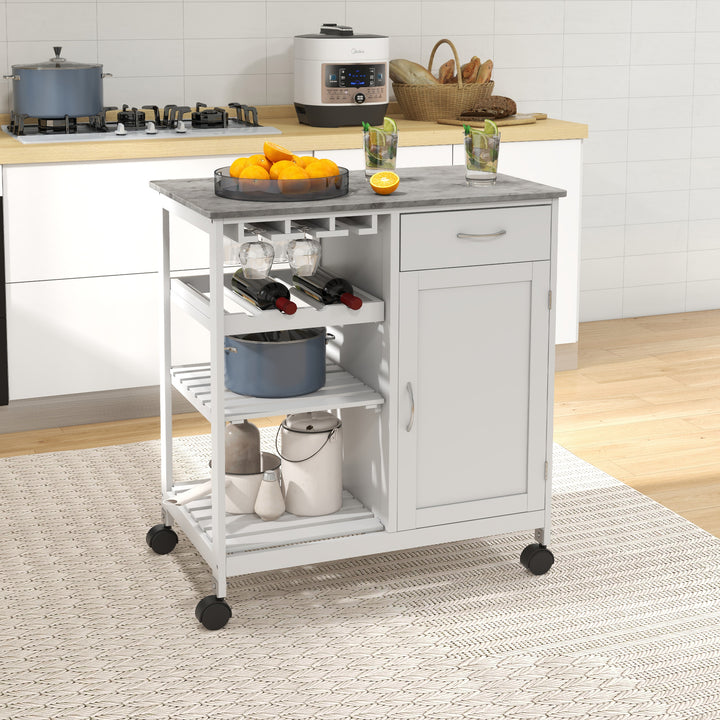 Compact Kitchen Trolley Utility Cart on Wheels with Wine Rack, Drawer, Open Shelf and Storage Cabinet for Dining Room, White