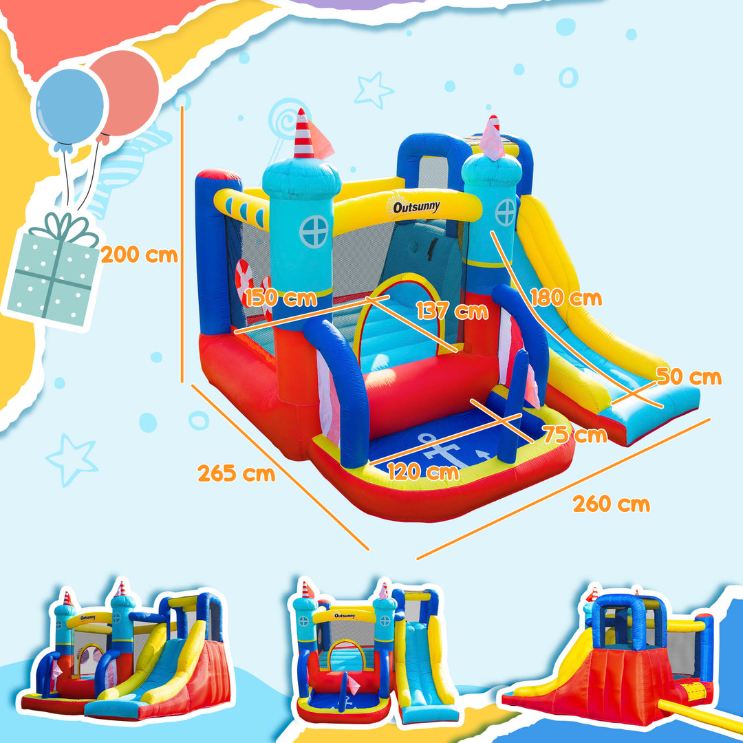 Outsunny 4 in 1 Kids Bounce Castle Large Sailboat Style Inflatable House Slide Trampoline Water Pool Climbing Wall for Kids Age 3-8, 2.65 x 2.6 x 2m