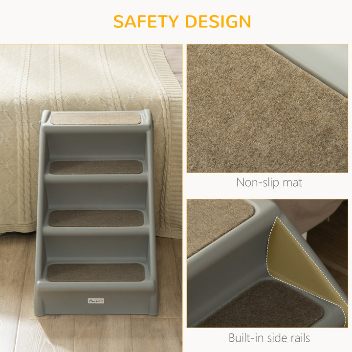 PawHut Foldable Pet Stairs, 4-Step for Cats Small Dogs with Non-slip Mats, 62 x 38 x 49.5 cm, Grey