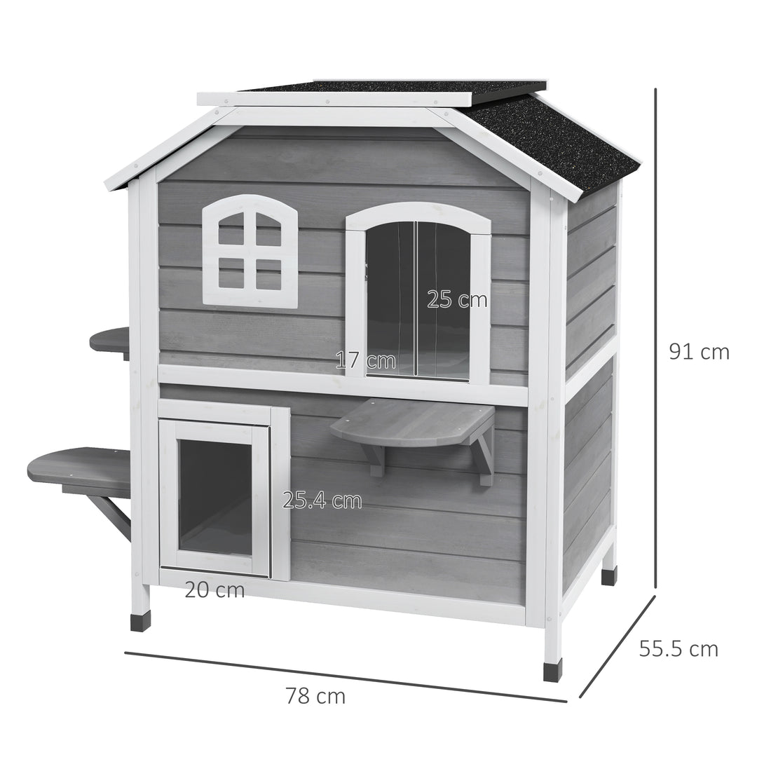 Solid Wood Cat Condos Pet House Water Proof Outdoor 2-Floor Villa, Grey