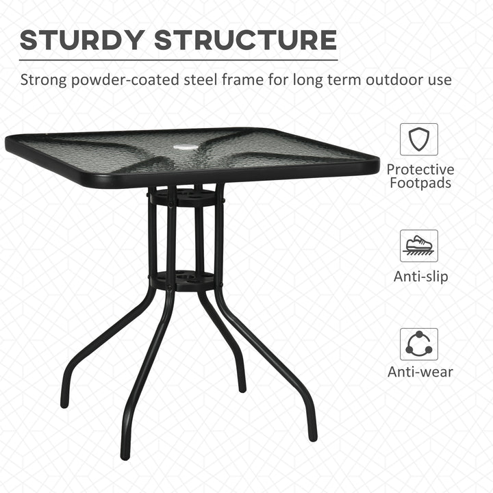 Outsunny Square Patio Table, Tempered Glass Top Bistro Table, Garden Dining Table, Outdoor Accent Coffee Table 76 x 76cm Steel Frame w/ Umbrella Hole