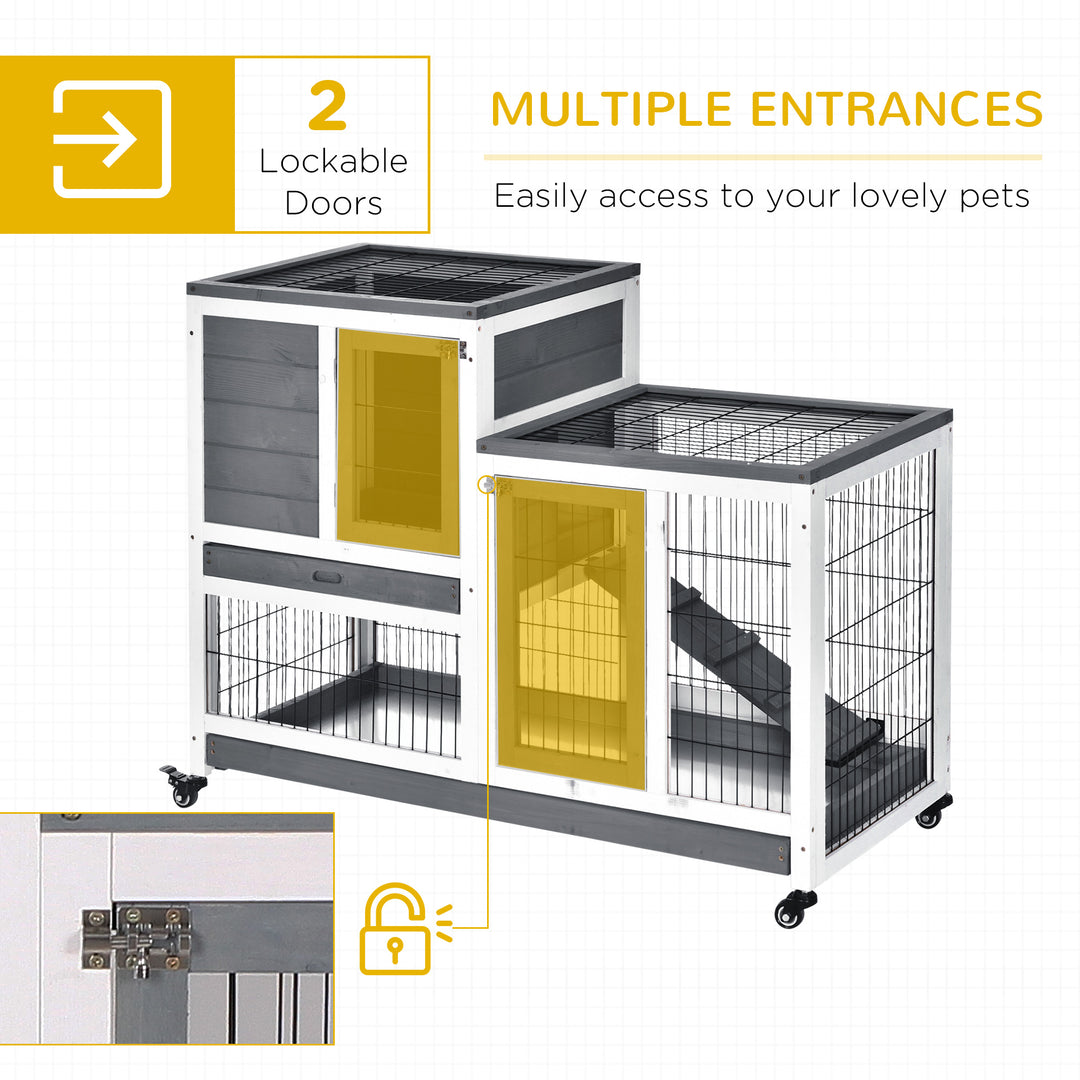 PawHut Indoor Wooden Rabbit Hutch Guinea Pigs House Bunny Small Animal Cage W/ Wheels Enclosed Run 110 x 50 x 86 cm