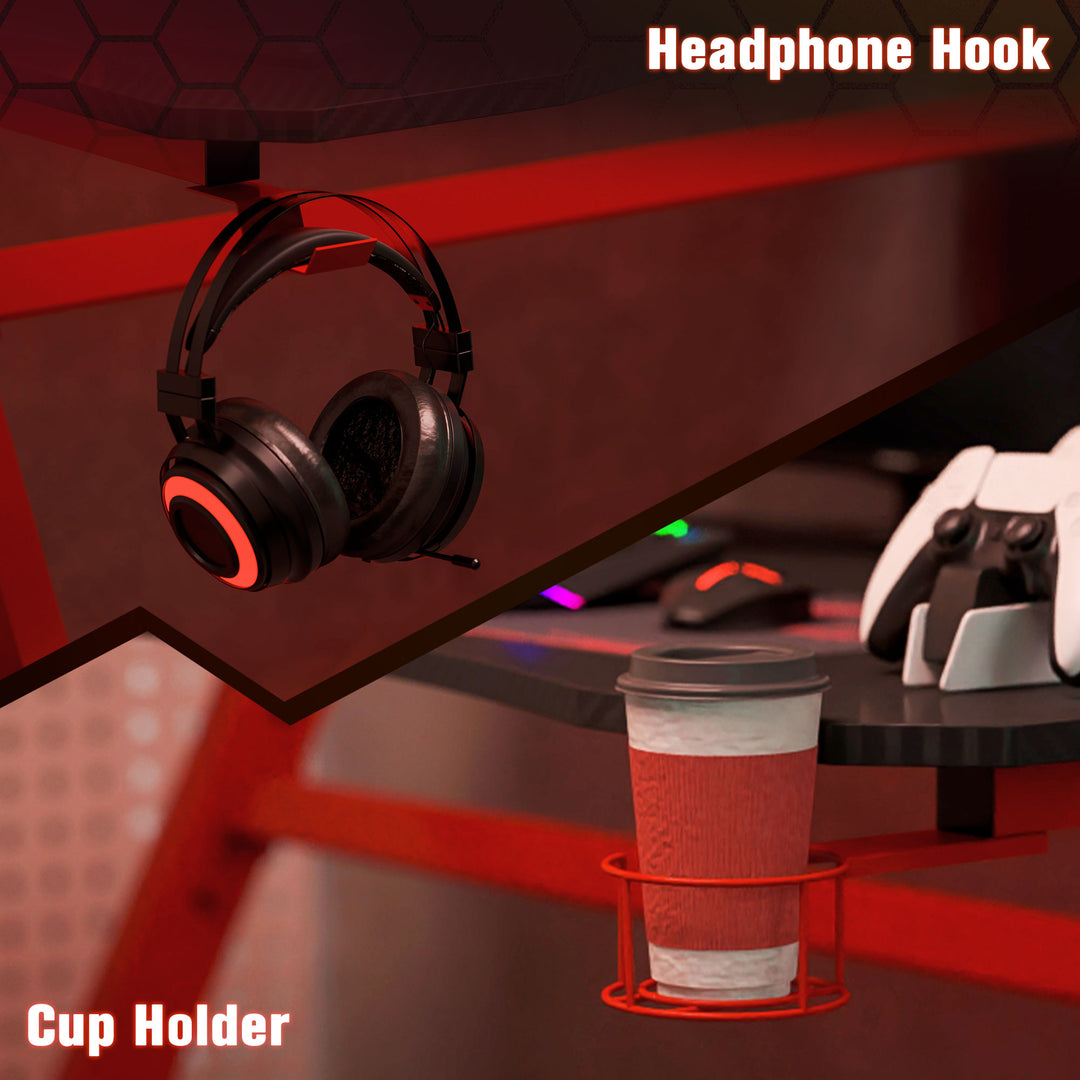 Gaming Desk Steel Frame w/ Cup Headphone Holder Adjustable Feet Cable Organiser Home Office Computer Table Red