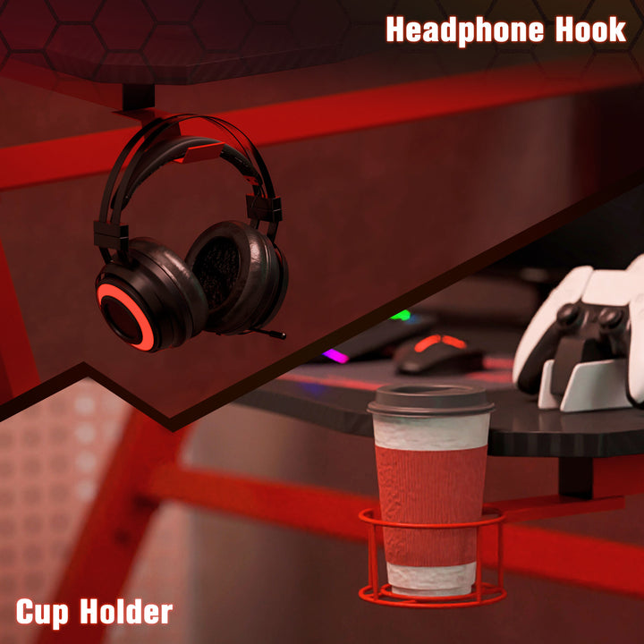 Gaming Desk Steel Frame w/ Cup Headphone Holder Adjustable Feet Cable Organiser Home Office Computer Table Red