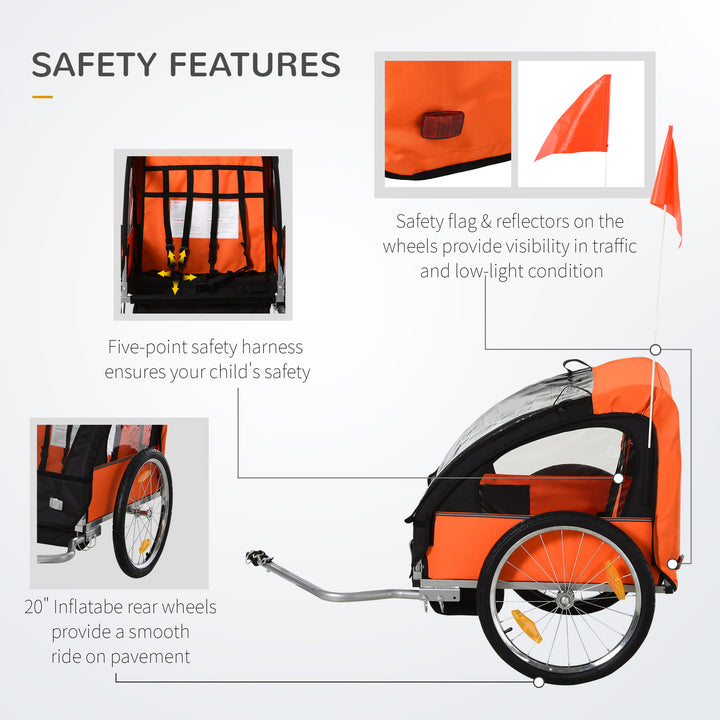 2 Seat Bike Trailer Bicycle wagon for Kids Child Steel Frame Safety Harness Seat Carrier Orange Black 130 x 76 x 88 cm
