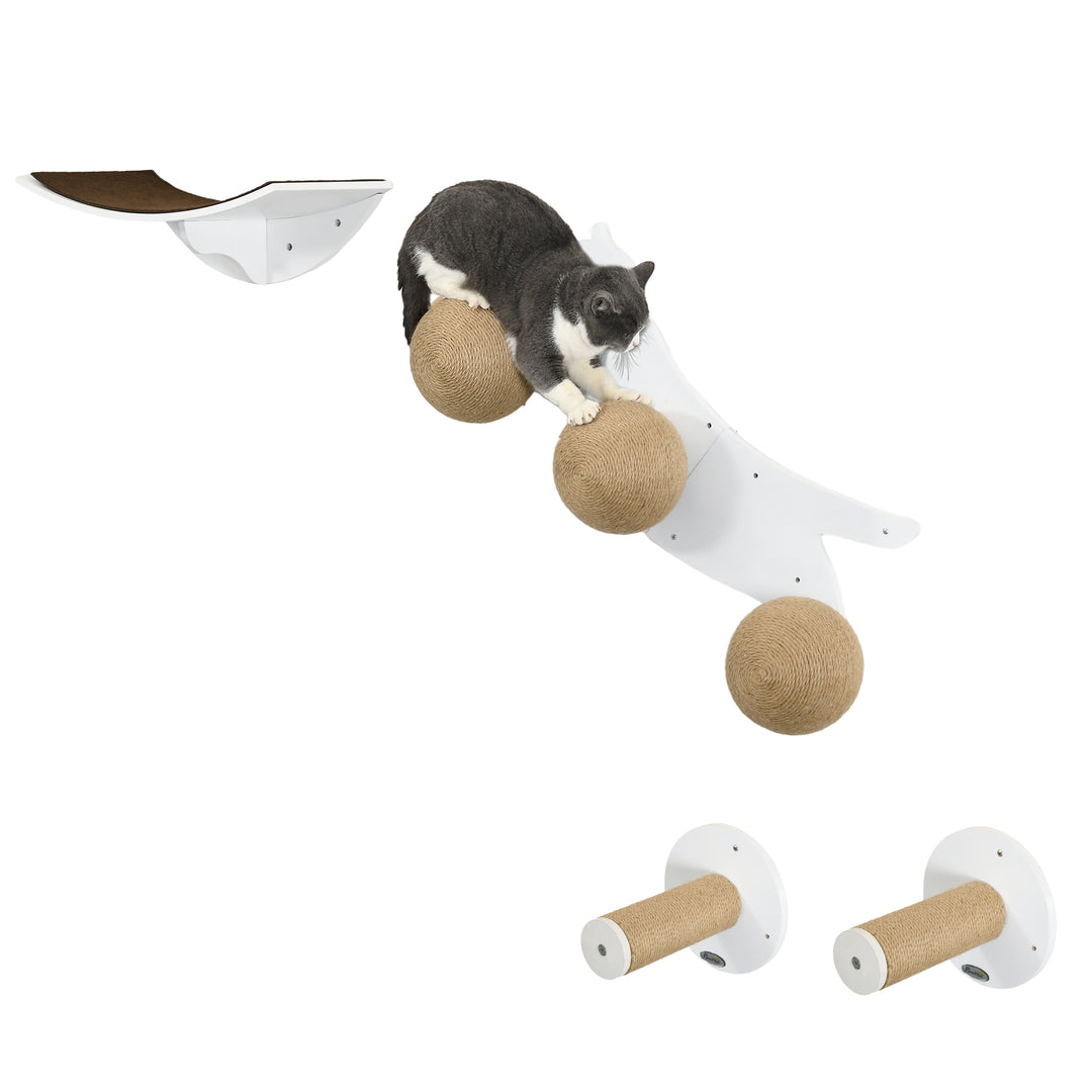 Wall Mounted Cat Shelves with Three Scratching Balls-White