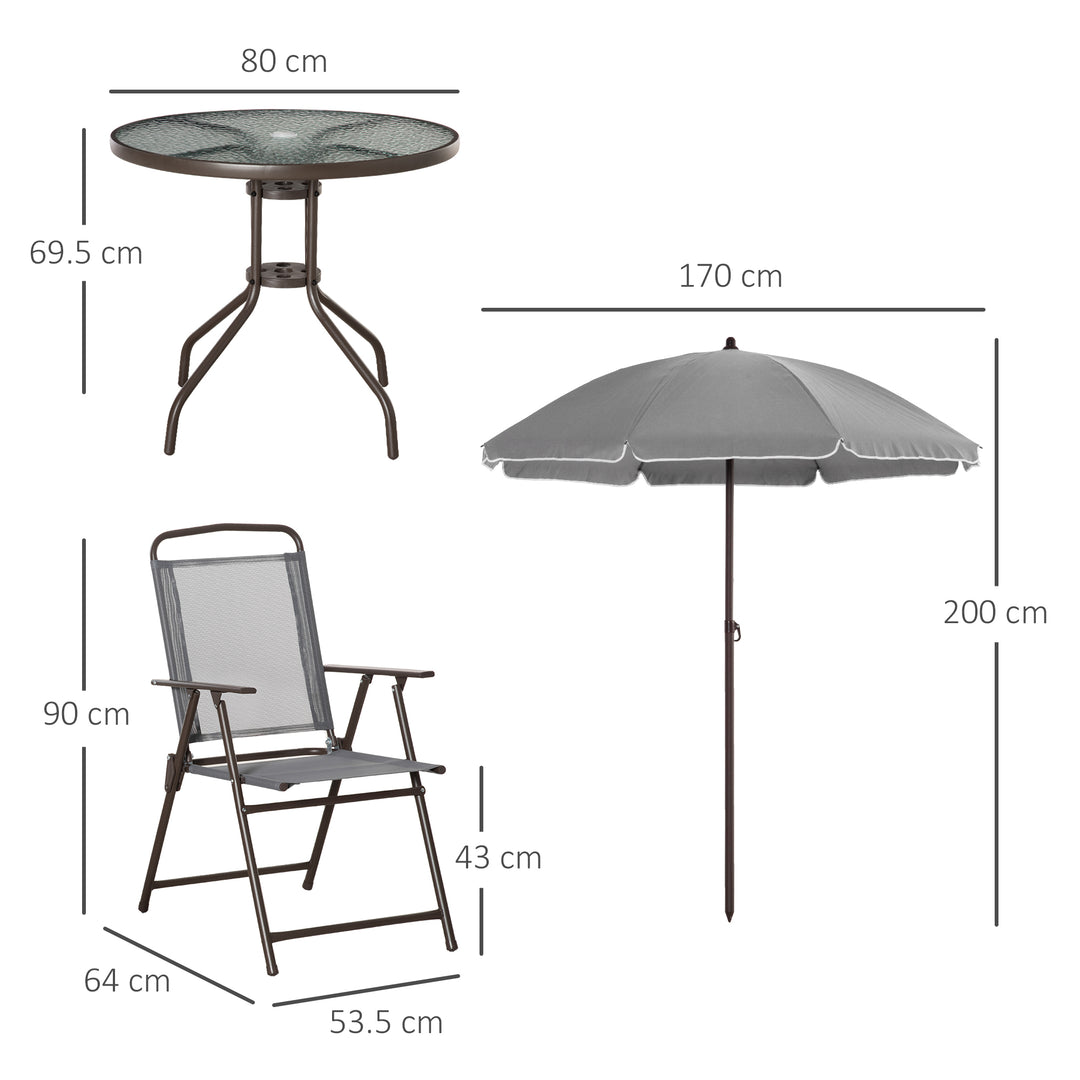 6 Piece Patio Dining Set with Umbrella, 4 Folding Dining Chairs & Round Tempered Glass Table for Garden, Backyard and Poolside, Grey