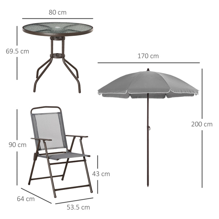 6 Piece Patio Dining Set with Umbrella, 4 Folding Dining Chairs & Round Tempered Glass Table for Garden, Backyard and Poolside, Grey