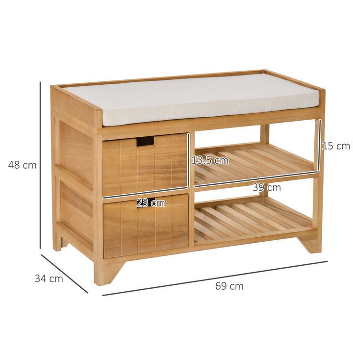 Wooden 2 Tier Shoe Storage Bench Rack Shelves Cushioned Seat  Entryway Hallway Organiser with 2 Drawers - Natural Wood Colour