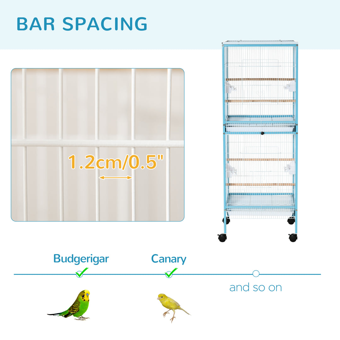 2 In 1 Large Bird Cage Aviary for Finch Canaries, Budgies with Wheels, Slide-out Trays, Wood Perch, Food Containers, Light Blue