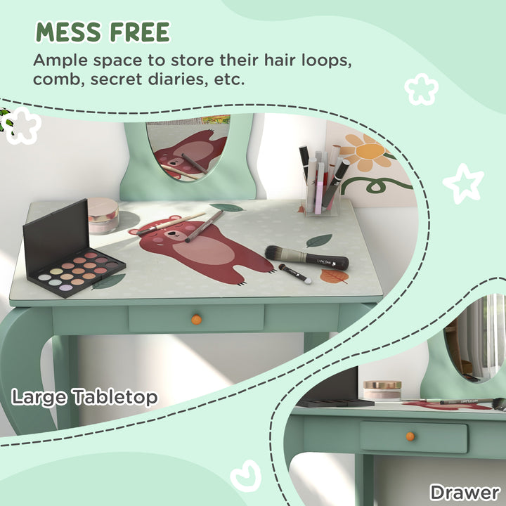 Kids Dressing Table with Mirror, Stool and Drawer-Green