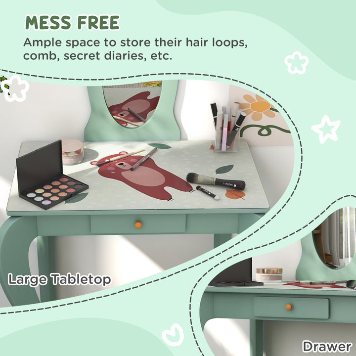Kids Dressing Table with Mirror and Stool, Girls Vanity Table Makeup Desk with Drawer for 3-6 Years - Green