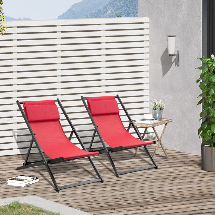 Set of 2 Folding Garden Beach Deck Chairs Deckchairs Seaside Folding Garden Patio Lounger, Red