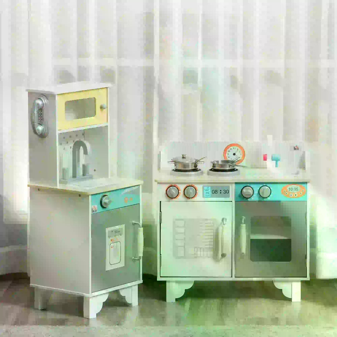Two Kids Wooden Toy Kitchen Play Cooking Set Pretend Role Playset, with  Sink, Telephone, Storage Basket, for 3-6 Years Old